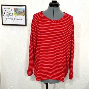 J Jill Stretch Red Striped Sweatshirt Size Large Petite Drop Shoulder Loose Fit